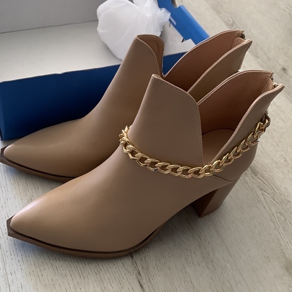 Cut Out Ankle Boots Gold Chain Chunky‎ Heel Zipper Almond Toe Western Boots - Picture 10 of 16